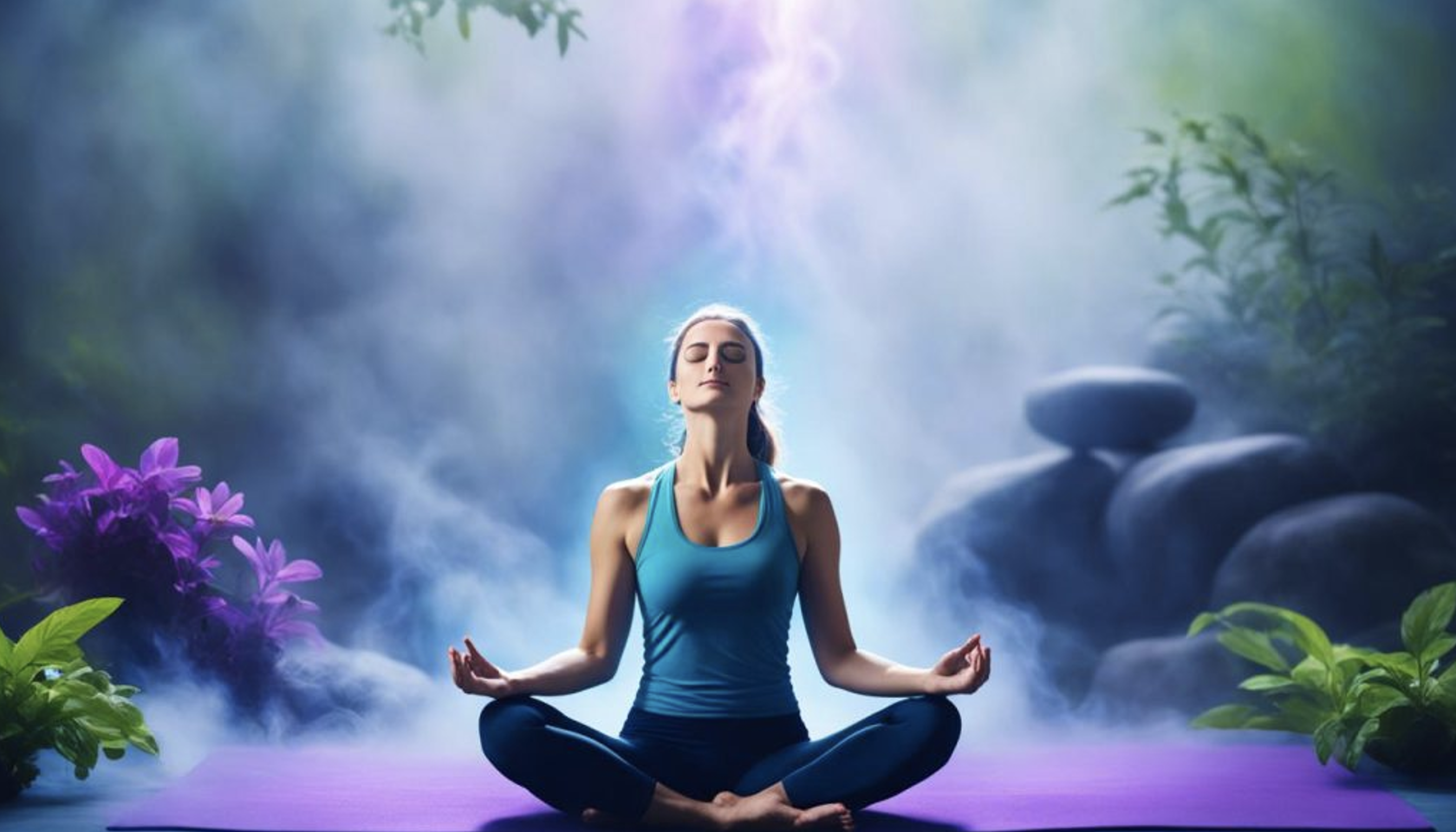 Woman meditating in tranquil garden setting with mist and vibrant flowers, promoting peace and mindfulness