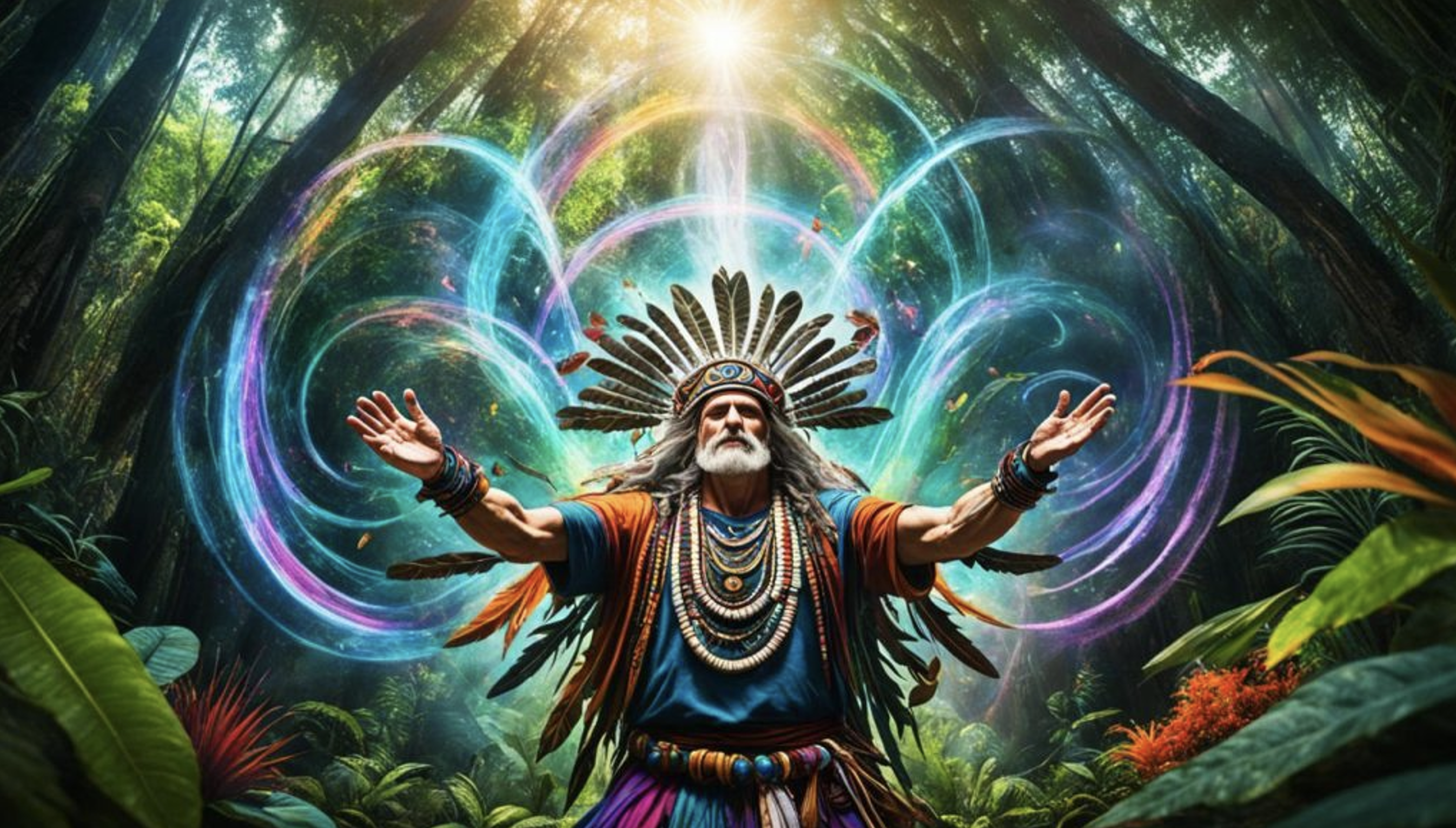 Mystical shaman in colourful forest, wearing headdress and beads, surrounded by vibrant energy waves