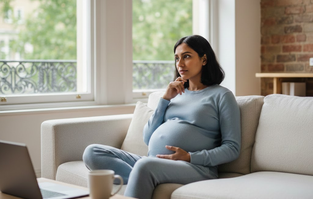 Pregnant woman in blue loungewear sits on sofa, thinking, with laptop and coffee mug nearby