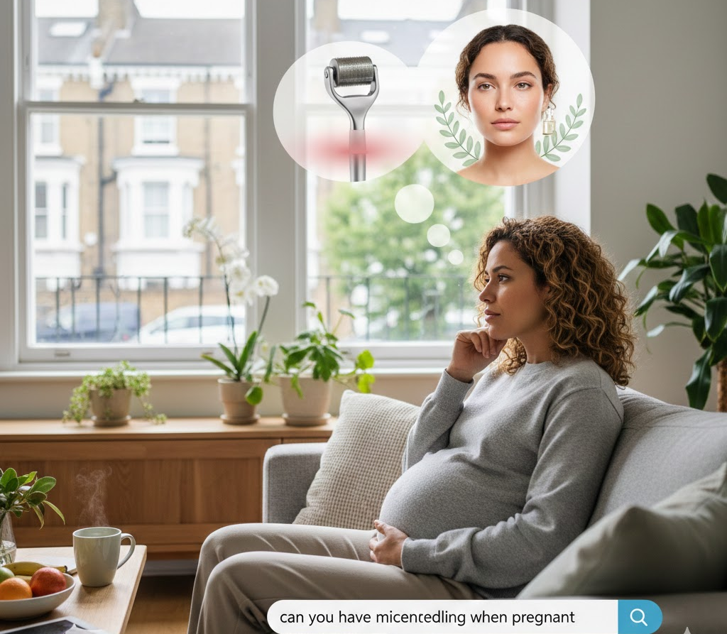 Pregnant woman sits on sofa, thinking about microneedling, with derma roller and face icons above