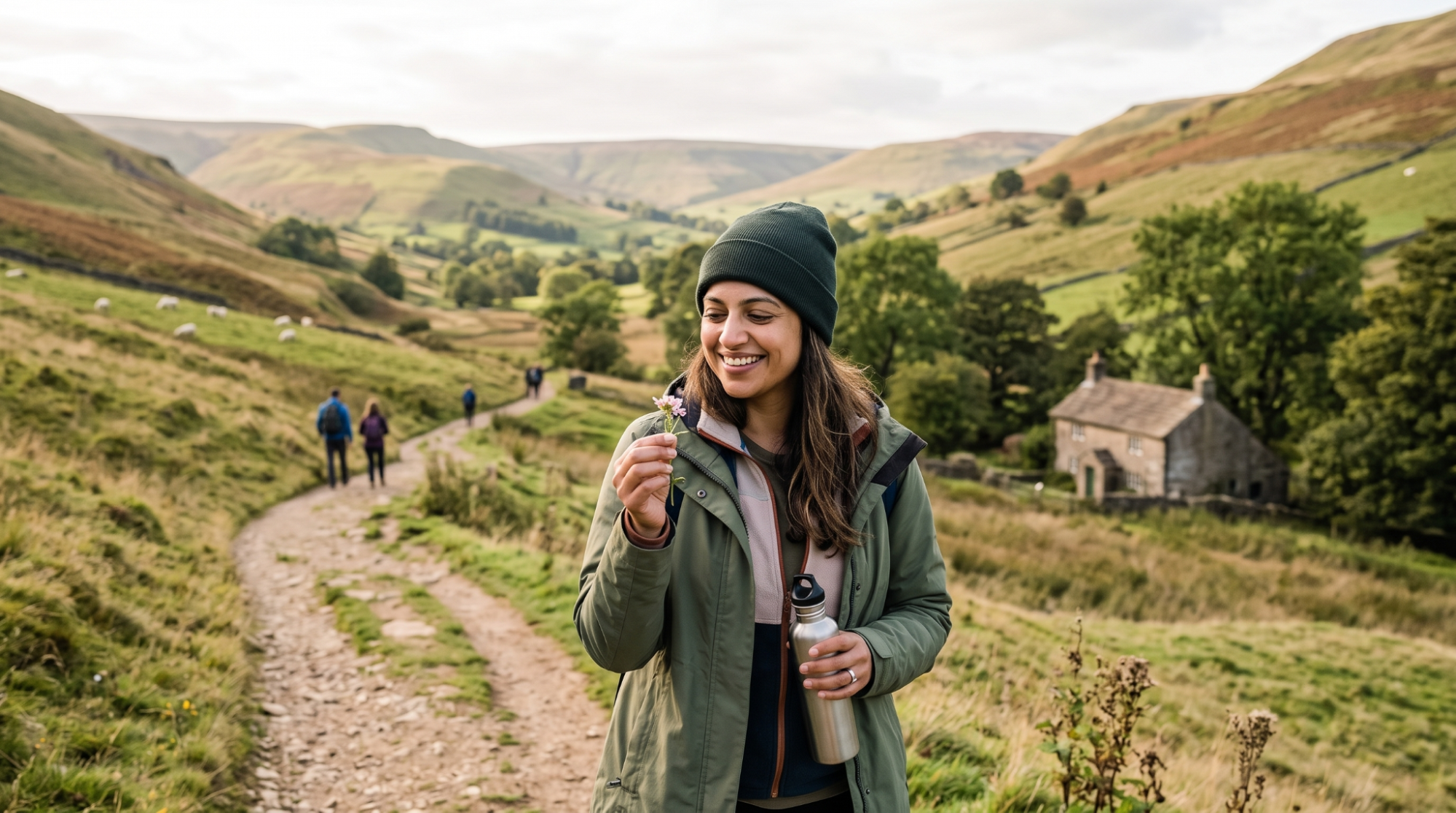 Woman enjoying a countryside walk in the UK, holding a flower and water bottle, with green hills in the background