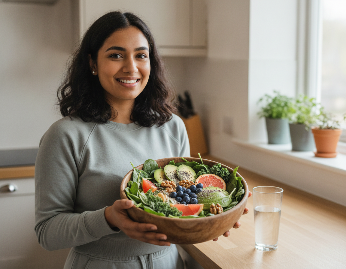 Woman smiling in kitchen holding a salad bowl with fresh veggies and fruits, next to a glass of water on the table