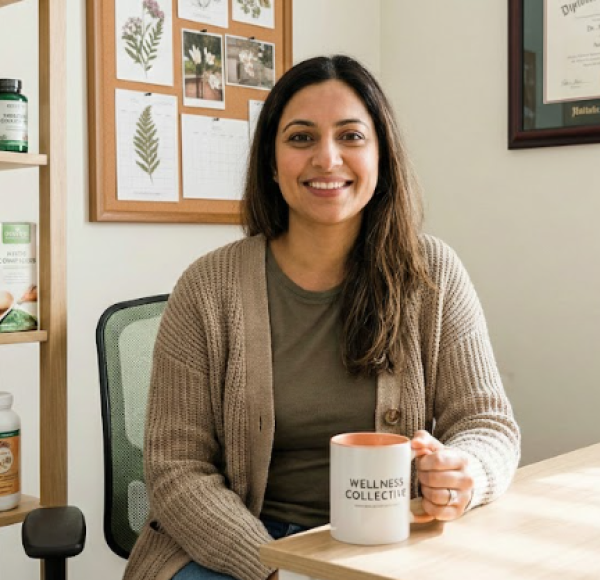 Smiling woman holds a wellness mug, surrounded by health supplements and certificates in a cosy office setting
